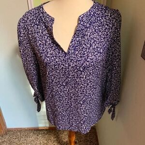 blue & White Print Top, 3/4 Sleeve With Ties #12